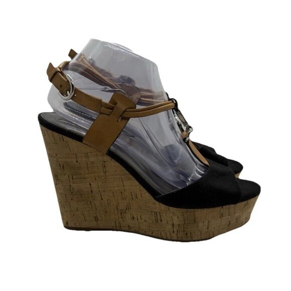 Coach Linden Women's Black Canvas Vegan Leather Cork Wedges Size 9B Strappy - Picture 1 of 7
